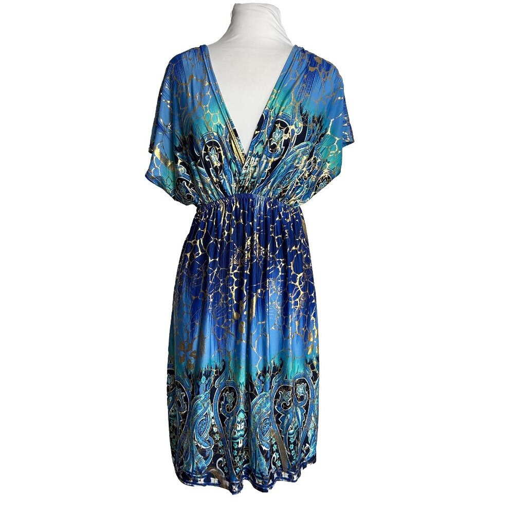 646 Main Dress Womens Size S/M Short Sleeve Gold Foil Crackle V Neck Blue